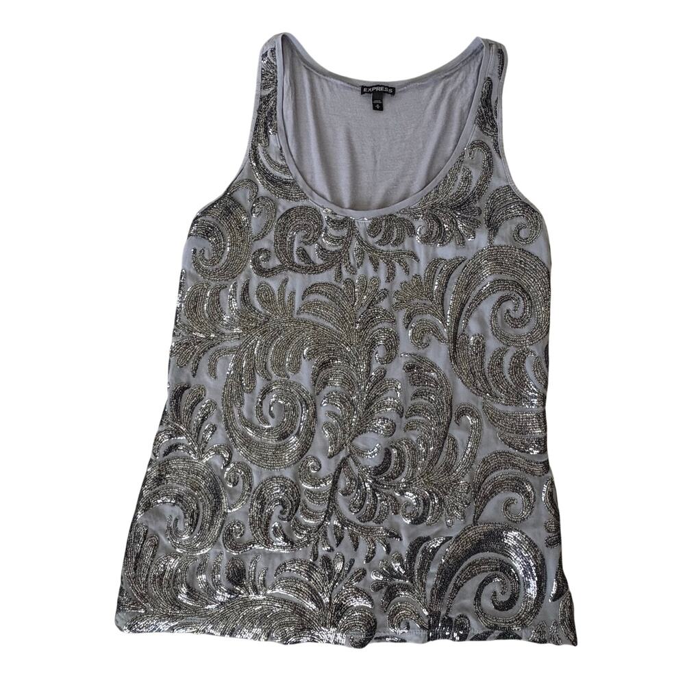 Express Silver Sequin Swirl Tank Top Y2K Glam Metallic Party Indie M Gray - Picture 2 of 7